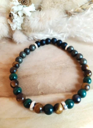 bracelet de pierres naturelles pour homme, oeil de tigre, malachite, pyrite... contre la dépression, les ruminations...