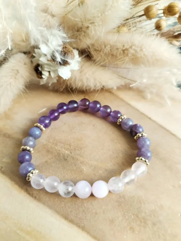 Bracelet en pierres naturelles d'améthyste, lépidolite, quartz rose, kunzite et tourmaline rose