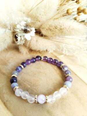 Bracelet en pierres naturelles pour hypersensibles, kunzite , améthyste, tourmaline rose, lépidolite et quartz rose