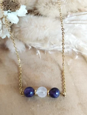 collier doré améthyste et quartz rose