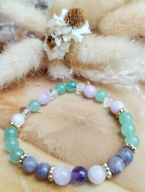 bracelet en pierre naturelles aventurine kunzite améthyste cristal de roche et tourmaline rose