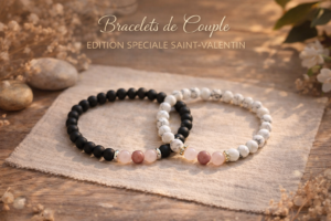Bracelets pour couple en pierres naturelles onyx et howlite, quartz rose et rhodonite